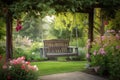 relaxing swing on a serene patio garden, with blooming flowers and tall trees in the background