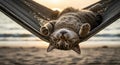 Relaxing Tabby Cat Sleeping in Hammock at Sunset by the Beach Royalty Free Stock Photo
