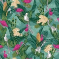 Relaxing tiger with lemur and scarlet ibis in the jungle seamless vector tropical background for fabric, wallpaper, home