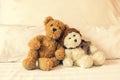 Relaxing time, two teddy bear friend sitting in the bed