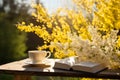Relaxing in the tranquil spring atmosphere white coffee cup and book on a delightful day