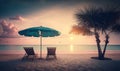 Relaxing Tropical Sunset Scene with Loungers and Umbrella on White Sand Beach. Perfect for Travel Brochures and Posters.