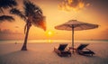 Relaxing Tropical Sunset Scene with Loungers and Umbrella on White Sand Beach. Perfect for Travel Brochures and Posters.