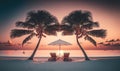 Relaxing Tropical Sunset Scene with Loungers and Umbrella on White Sand Beach. Perfect for Travel Brochures and Posters.