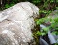 Relaxing waterfall flows by the lichen covered stone under the green tree branches Royalty Free Stock Photo