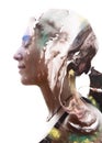 Paintography. Double exposure portrait of a young, naturally beautiful girl combined with hand drawn watercolor painting