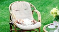 Relaxing white ginger cat playing laying on chair in garden outside on hot summer days. Garden landscape with chair table in Royalty Free Stock Photo