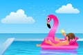 Relaxing woman floating in flamingo inflatable swimming pool toy sunbathing at luxury resort. travel vacation hotel lifestyle Royalty Free Stock Photo