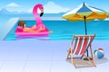 Relaxing woman floating in flamingo inflatable swimming pool toy sunbathing at luxury resort. travel vacation hotel lifestyle. Royalty Free Stock Photo