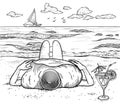 Relaxing woman in a hat on the beach with cocktail . Summwe vacation. Sketch