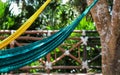 Relaxing with Yellow and Blue Hammocks in Riveria Maya, Mexico