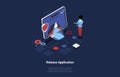 Release Application Vector Illustration In Cartoon 3D Style On Dark Background. Conceptual Isometric Design. App Produce Royalty Free Stock Photo