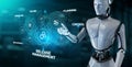 Release management agile development concept. Robot pressing button on virtual screen. 3d render