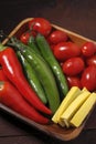 Close up of tomatoes, peppers, and squash. Royalty Free Stock Photo