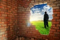 Release to freedom. Man, standing behind broken brick wall Royalty Free Stock Photo
