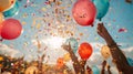 Releasing balloons and confetti to symbolize the joy and positivity brought about by charitable acts on Charity Day. Copy Space