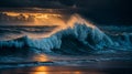 Relentless blue waves crashed against the shore, their foamy spray mingling with the golden glow of the setting sun, casting an