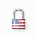 Reliable closed padlock decorated with USA flag. Isolated object on checkered background. Lock icon. Data protection, Secret Royalty Free Stock Photo