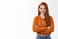 Reliable friendly confident attractive redhead sassy girl makeup wear cropped sweater cross arms chest self-soothing