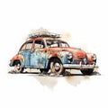 Vintage Volkswagen Car Watercolor Illustration On White Background