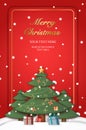 Relief paper art of Christmas tree and present gifts and snow ground template. Merry Christmas and happy new year vector clip