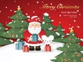 Relief paper art of Santa Claus cute mouse holding present gifts with Christmas tree background. Merry Christmas and happy new