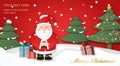 Relief paper art of Santa Claus present gifts with Christmas tree snow ground background. Merry Christmas and happy new year