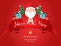 Relief paper art of Santa Claus present gifts tree and ribbon banner template. Merry Christmas and happy new year vector clip Royalty Free Stock Photo