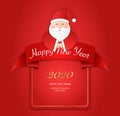 Relief paper art of Santa Claus and ribbon banner template. Merry Christmas and happy new year vector clip illustration