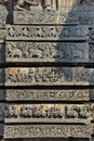 Reliefs on the outer wall of the Hoysaleswara Temple, Hoysala style, Halebidu, Karnataka.