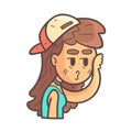 Relieved Girl In Cap, Choker And Blue Top Hand Drawn Emoji Cool Outlined Portrait