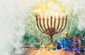 religiob watercolor style and abstract image of jewish holiday Hanukkah with menorah & x28;traditional candelabra