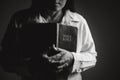 Religion, belief, worship concept copy space: Black and white prayer hands with palms up to pray God Royalty Free Stock Photo