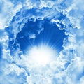 Religion concept of heavenly background. Divine shining heaven with dramatic clouds, light. Sky with beautiful cloud and sunshine Royalty Free Stock Photo