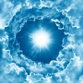 Religion concept of heavenly background with dramatic clouds. Divine shining heaven, light. Sky with beautiful cloud and sunshine Royalty Free Stock Photo