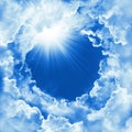 Religion concept of heavenly background with dramatic clouds. Divine shining heaven, light. Sky with beautiful cloud and sunshine Royalty Free Stock Photo