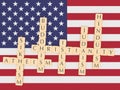 Letter Tiles Christianity, Islam, Judaism, Buddhism, Hinduism, Sikhism, Atheism with US flag, 3d illustration