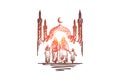 Religion, family, muslim, arabic, islam, mosque concept. Hand drawn isolated vector.
