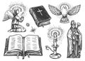 Praying angel with wings, Holy Bible book, Lit candle, Flying dove messenger, Bishop. Religion illustration set Royalty Free Stock Photo