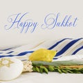 Religion image of Jewish festival of Sukkot. Traditional symbols The four species: Etrog, lulav, hadas, arava. white background Royalty Free Stock Photo