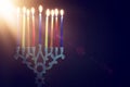 Religion image of jewish holiday Hanukkah background with menorah & x28;traditional candelabra& x29; and candles Royalty Free Stock Photo