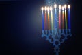 Religion image of jewish holiday Hanukkah background with menorah & x28;traditional candelabra& x29; and candles Royalty Free Stock Photo