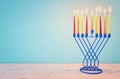 religion image of jewish holiday Hanukkah background with menorah & x28;traditional candelabra& x29;