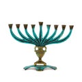 religion image of jewish holiday Hanukkah with brass menorah & x28;traditional candelabra& x29; isolated over white background Royalty Free Stock Photo