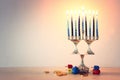 religion image of jewish holiday Hanukkah with menorah & x28;traditional candelabra& x29; Royalty Free Stock Photo