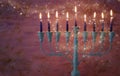 religion image of jewish holiday Hanukkah with white menorah & x28;traditional candelabra& x29; Royalty Free Stock Photo