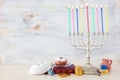 religion image of jewish holiday Hanukkah with white menorah & x28;traditional candelabra& x29; Royalty Free Stock Photo