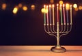 religion image of jewish holiday Hanukkah with white menorah & x28;traditional candelabra& x29; Royalty Free Stock Photo