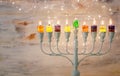 religion image of jewish holiday Hanukkah with white menorah & x28;traditional candelabra& x29; Royalty Free Stock Photo