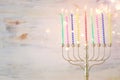 religion image of jewish holiday Hanukkah with white menorah & x28;traditional candelabra& x29; Royalty Free Stock Photo